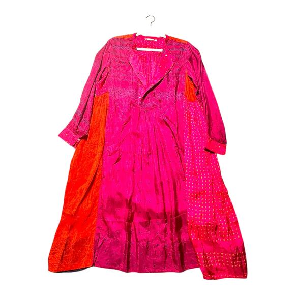 Injiri Shekhawati silk dress women’s medium ombré fuchsia patchwork hand-loomed - Picture 1 of 13
